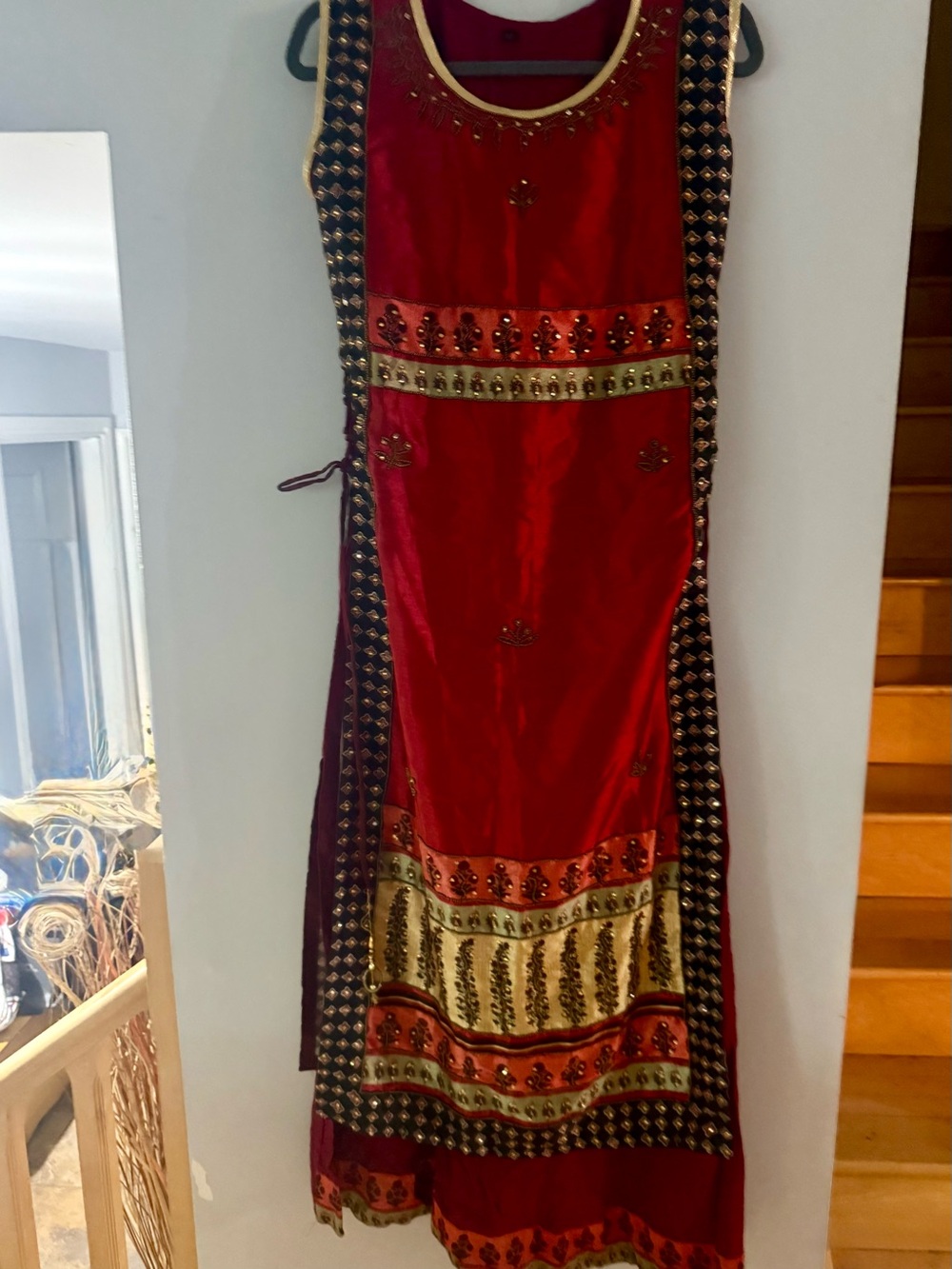 South Asian Ruby Red Zari Mirror Work Long Dress Medium
